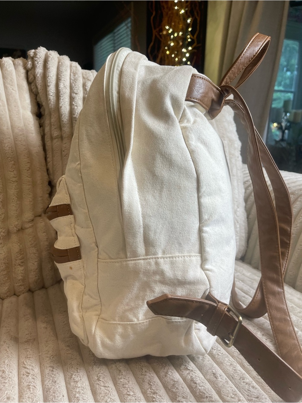 Canvas Backpack Cream White Brown Faux Leather Trim Travel School Bag - Picture 5 of 8